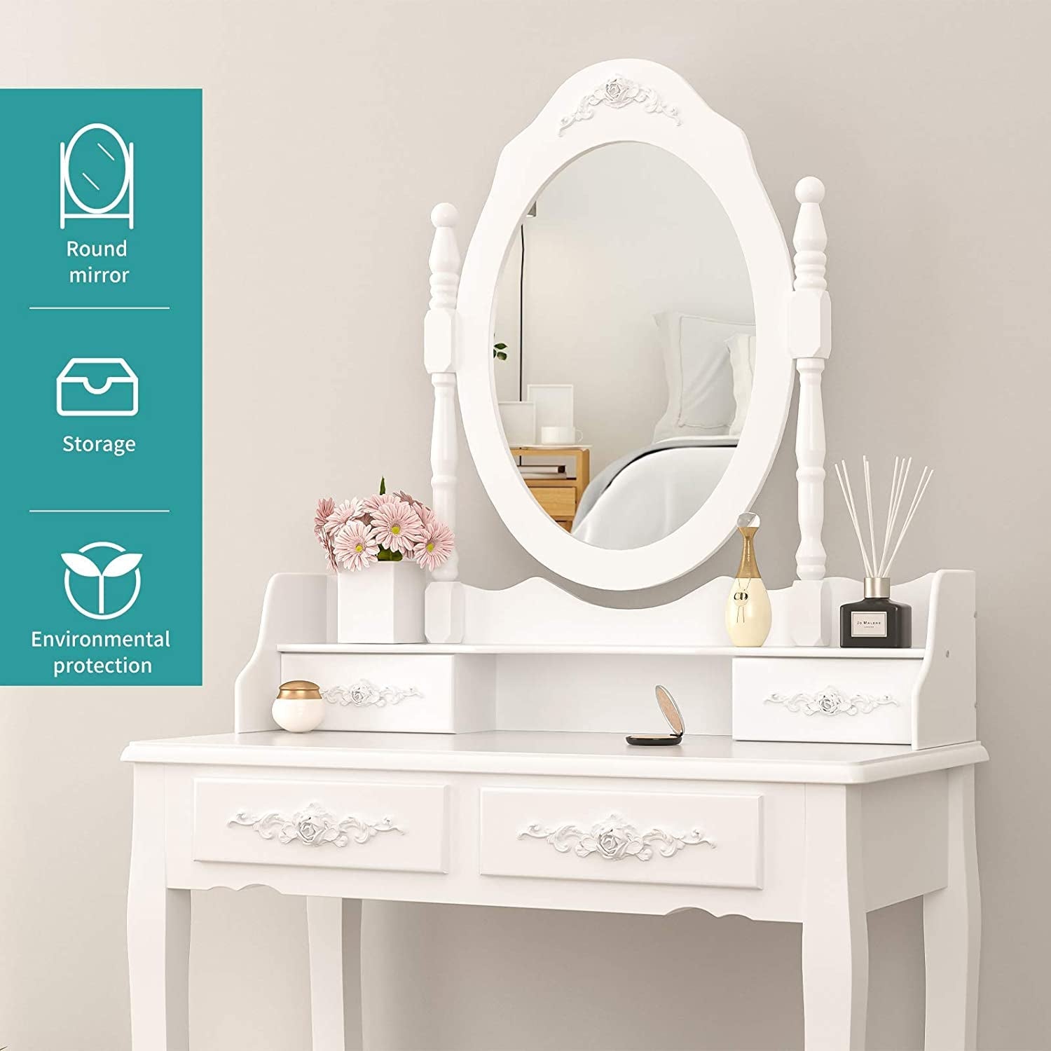 Bella Luxury Vanity Table Set: White