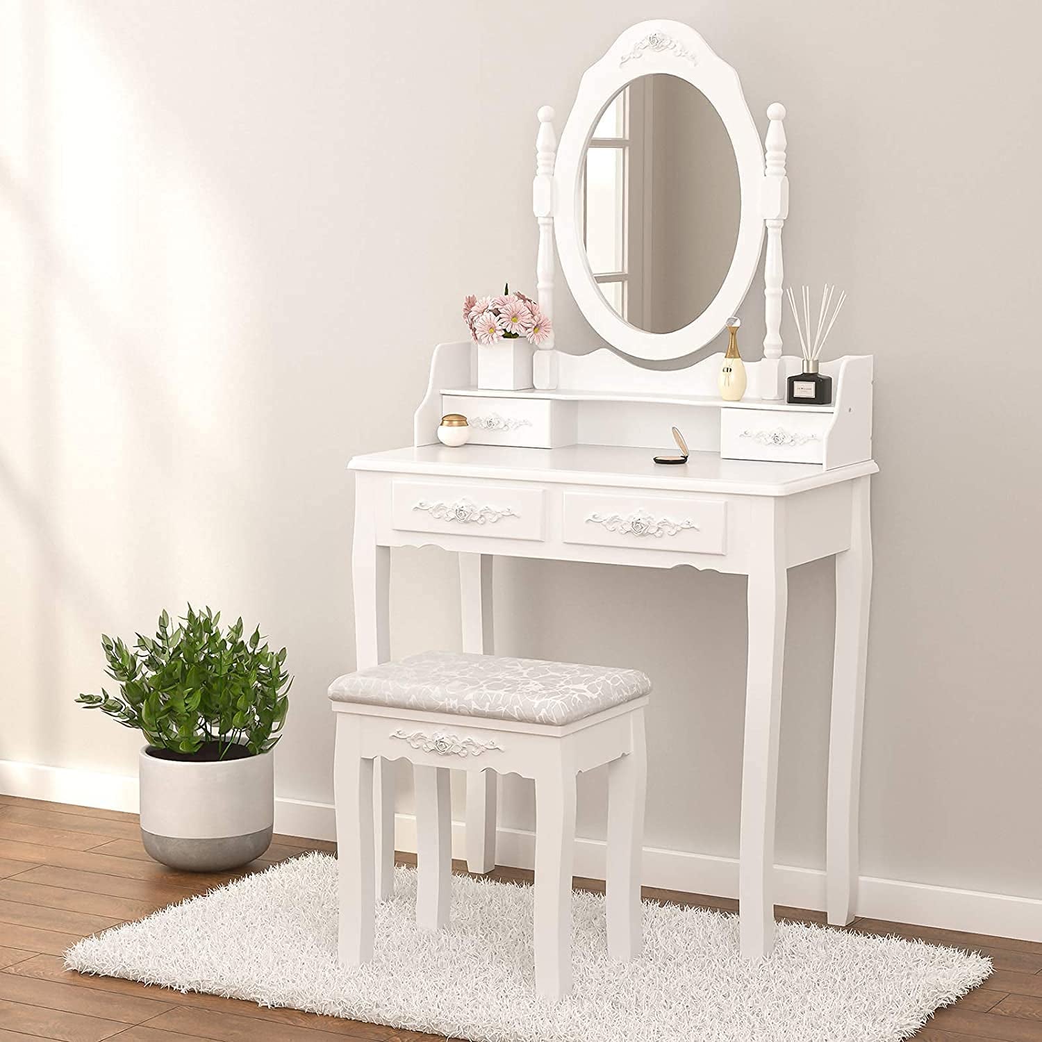 Bella Luxury Vanity Table Set: White