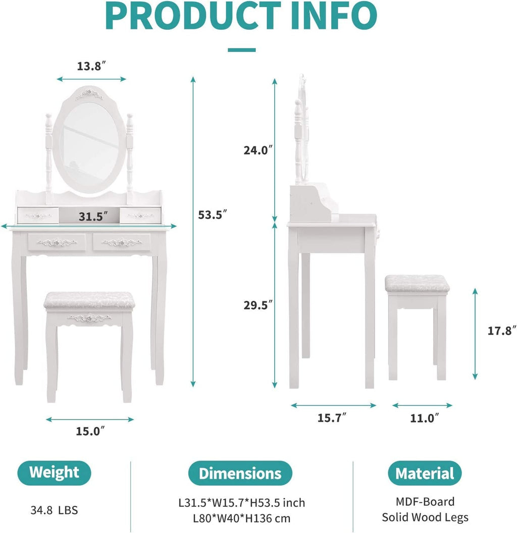 Bella Luxury Vanity Table Set: White