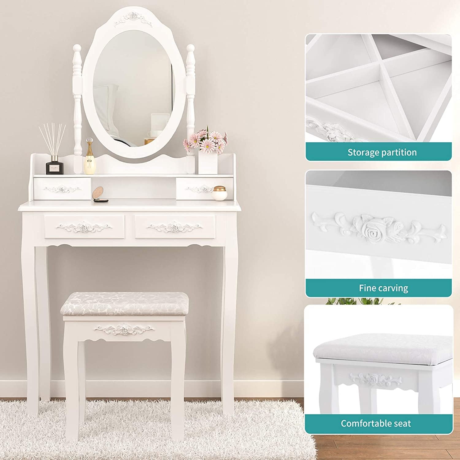 Bella Luxury Vanity Table Set: White